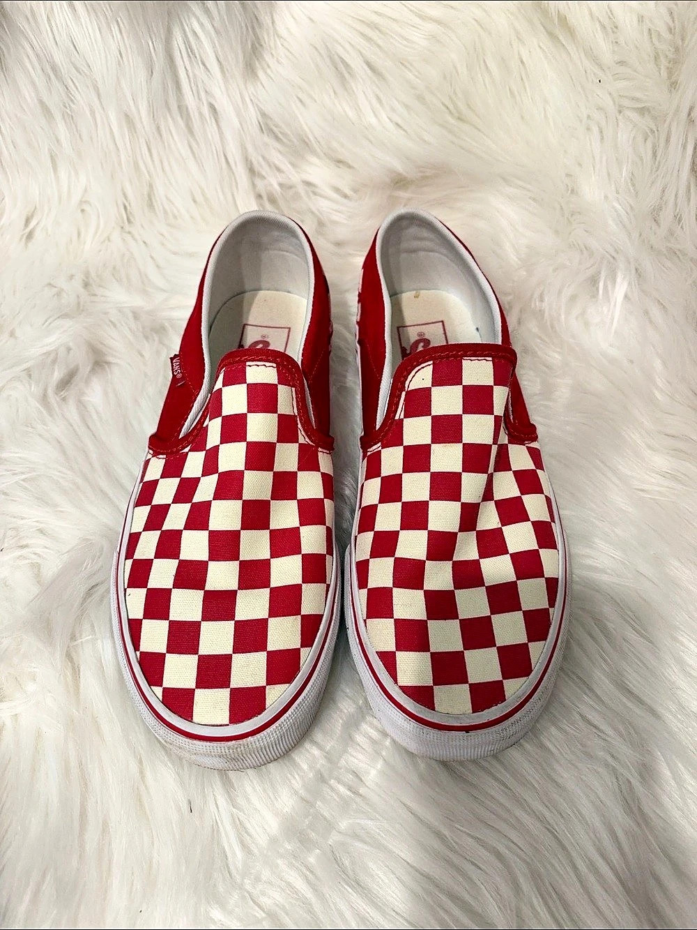 Vans Classic Slip-On Checkerboard Sneakers in Red & White 35